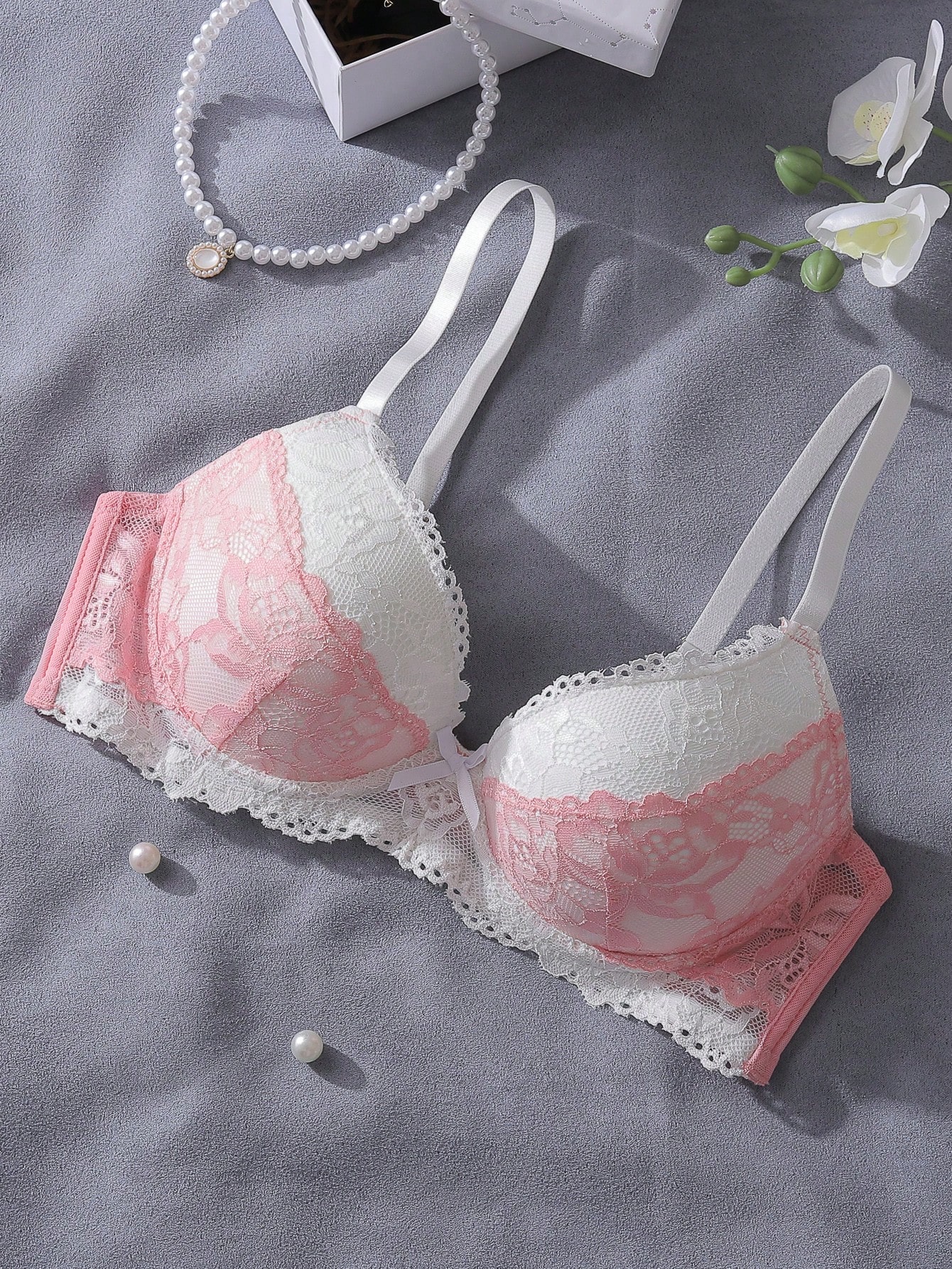 Pink and White Lace Patchwork  - Underwire Bra Padded review and price
