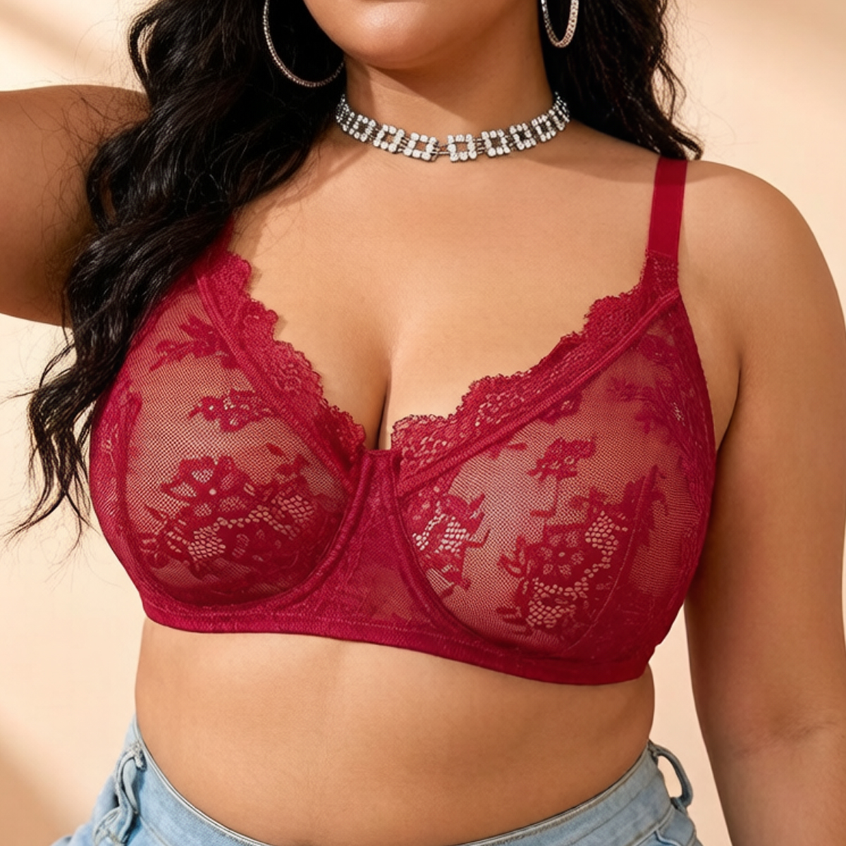 Women Plus Size Red Lace Sheer - Sheer Mesh Bra review and price